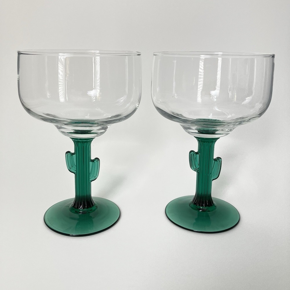 Libbey Green Cactus Saguaro Stem Margarita Glasses 16oz Set of 2 Southwest